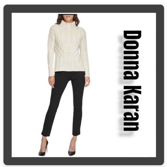 Donna Karan Embellished Cable Knit Mock Turtle Neck Wool Blend Thick Sweater - Picture 3 of 14